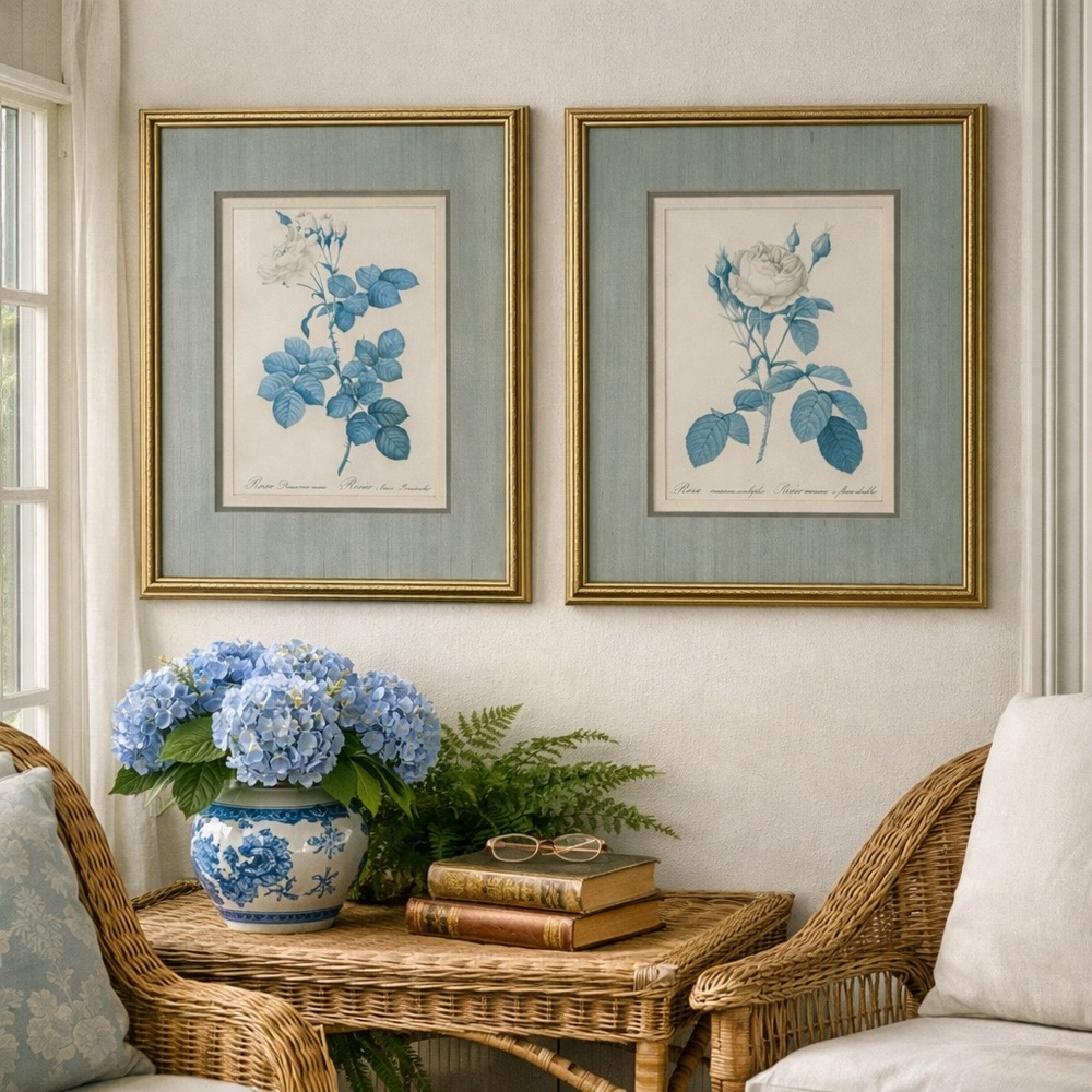 MCM Blue Botanical Rose Prints Gold Frame Grandmillennial Cottage Wall Art Set